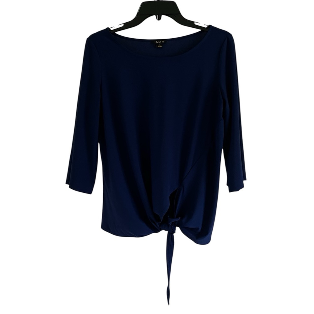 IMAN Tie-Front Navy Blue Wide Sleeve Size Small Short Sleeve Blouse